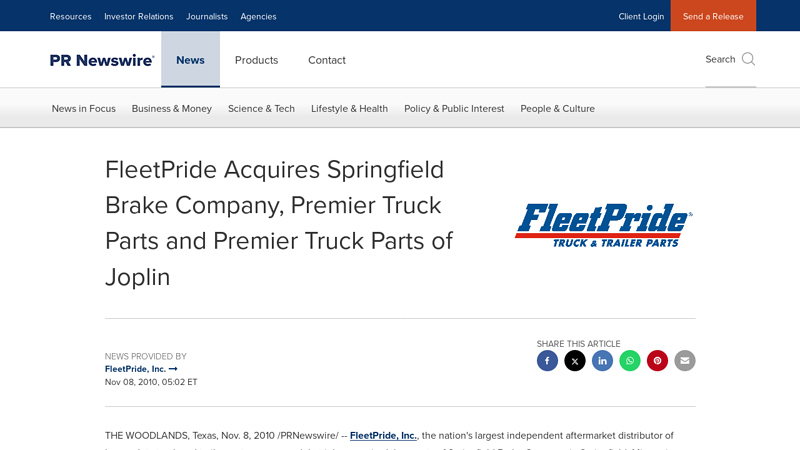 FleetPride Acquires Springfield Brake Company, Premier Truck ... premier truck parts inc