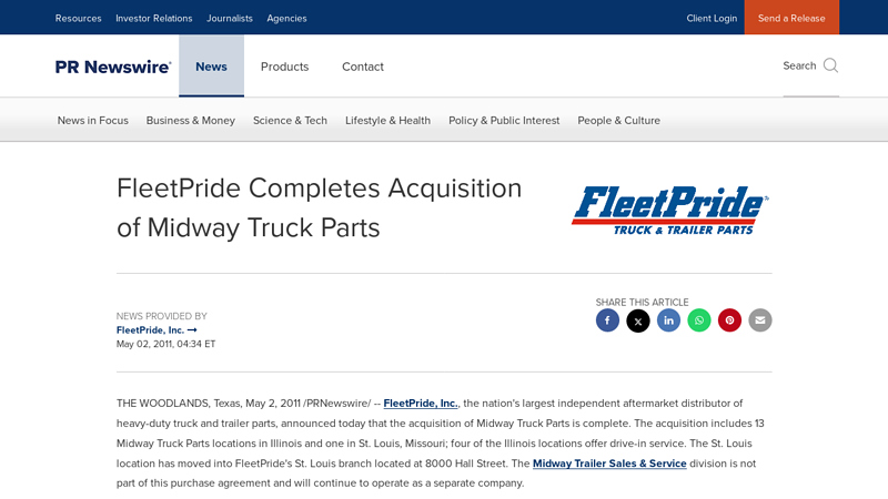 FleetPride Completes Acquisition of Midway Truck Parts midway auto parts inc