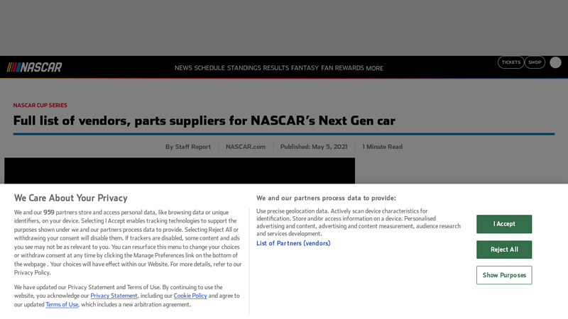 Full list of vendors, parts suppliers for NASCAR's Next Gen car stock car racing parts