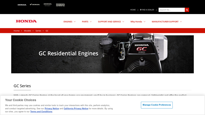 GC Residential Series Engines honda gc160 5.0 parts