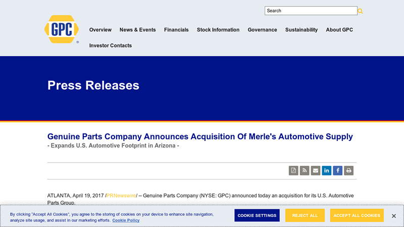 Genuine Parts Company Announces Acquisition Of Merle's ... merle's auto parts