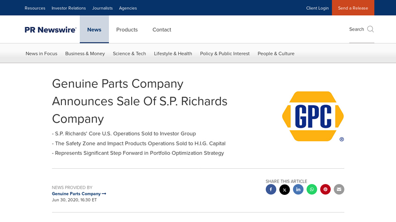 Genuine Parts Company Announces Sale Of S.P. Richards Company richards auto parts
