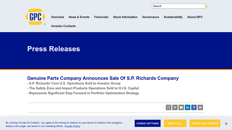 Genuine Parts Company Announces Sale Of S.P. Richards Company yancey auto parts