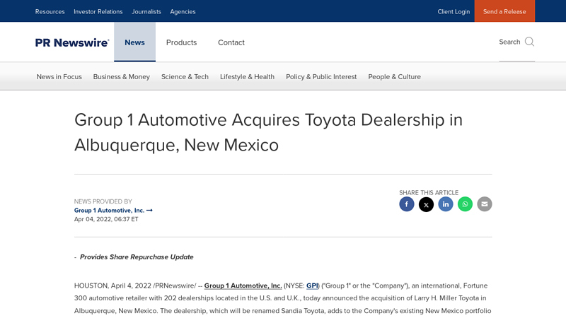 Group 1 Automotive Acquires Toyota Dealership in Albuquerque ... american toyota albuquerque parts