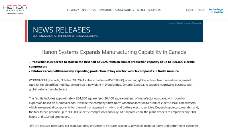 Hanon Systems Expands Manufacturing Capability in Canada car parts woodbridge