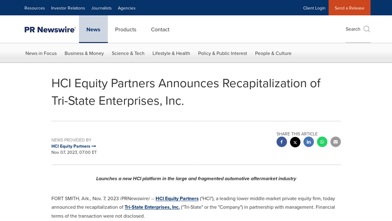 HCI Equity Partners Announces Recapitalization of Tri tri state auto parts
