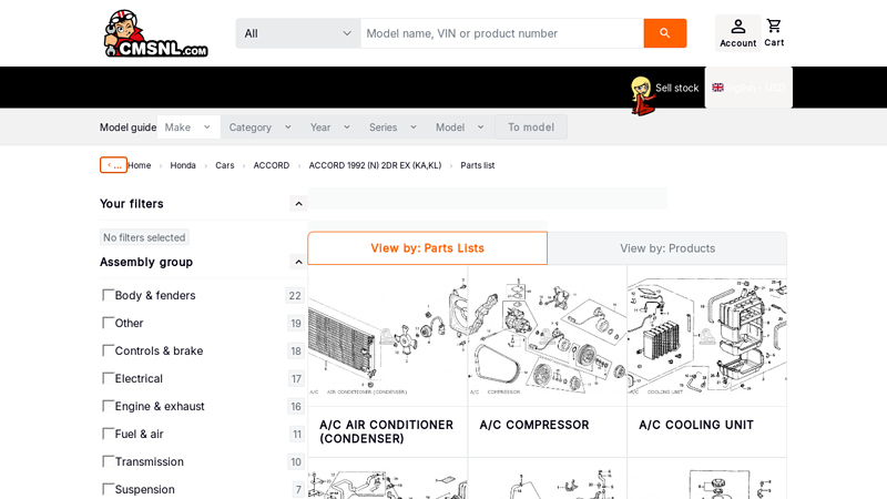 HONDA ACCORD 1992 (N) 2DR EX (KA,KL)Parts Lists 92 honda accord parts