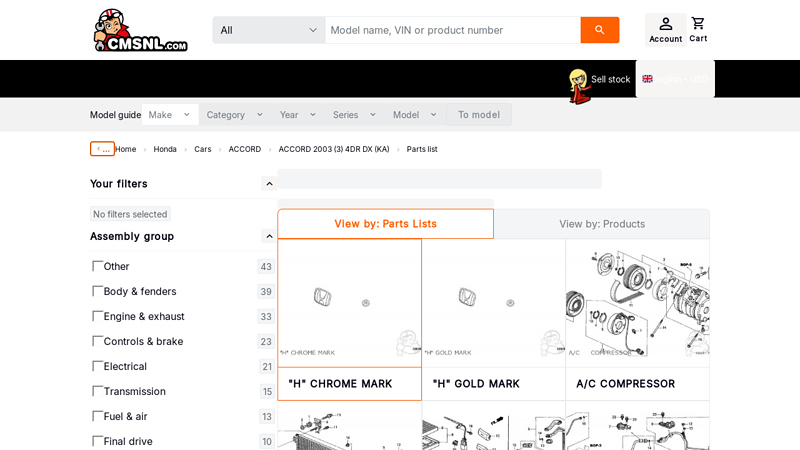 HONDA ACCORD 2003 (3) 4DR DX (KA)Parts Lists car parts for 2003 honda accord