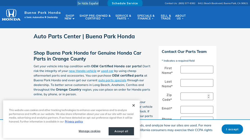 Honda Auto Parts in Buena Park orange county car parts