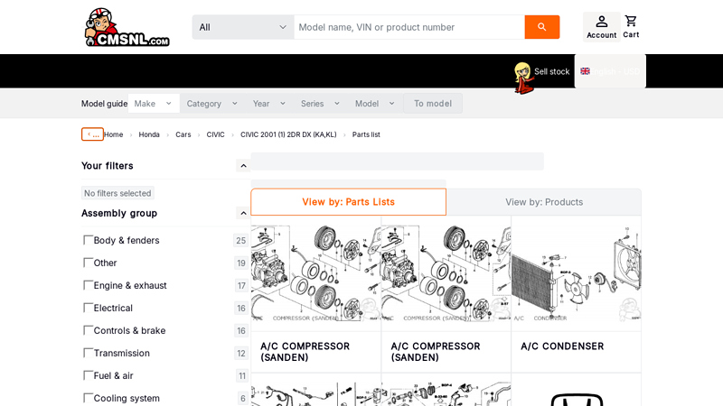 HONDA CIVIC 2001 (1) 2DR DX (KA,KL)Parts Lists 01 honda civic parts
