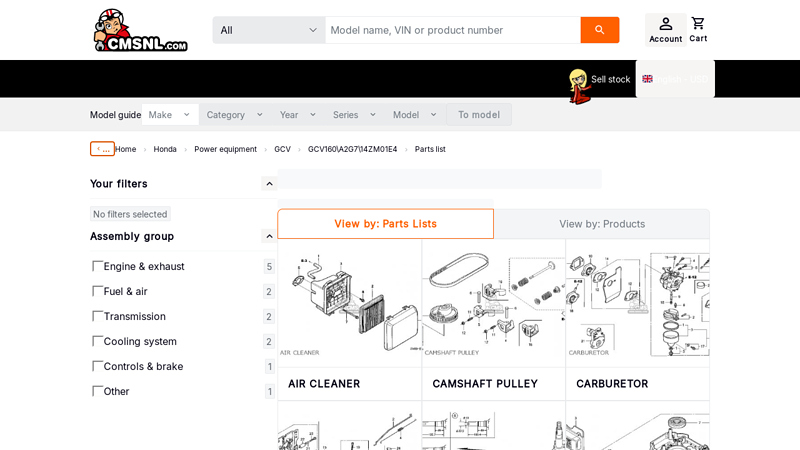 Honda GCV160\A2G7\14ZM01E4 parts lists and schematics honda gcv160 power washer parts