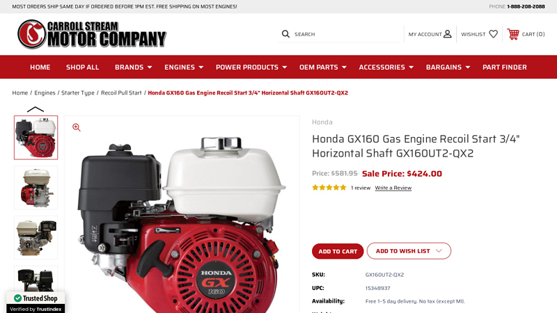 Honda GX160UT2-QX2 Gas Engine honda gx160 performance parts