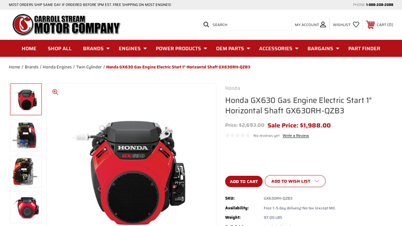 Honda GX630 RH-QZB3 Gas Engine honda gx630 parts