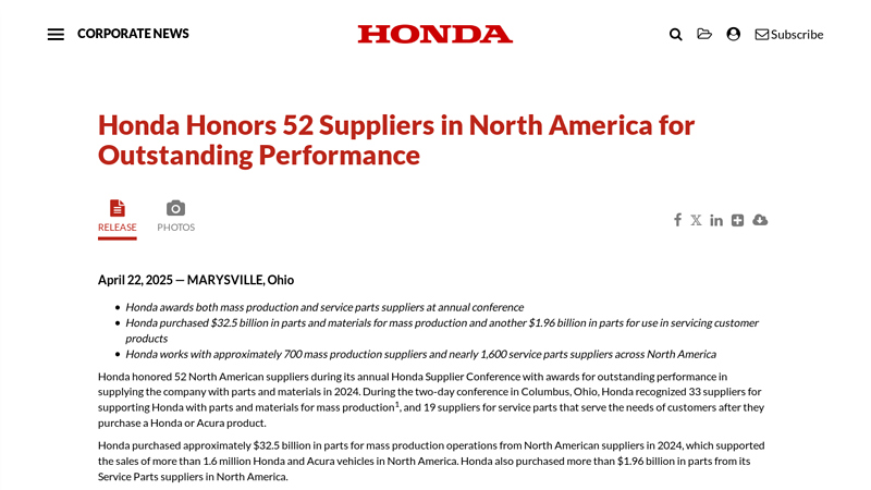 Honda Honors 52 Suppliers in North America for Outstanding ... honda dealership parts dept