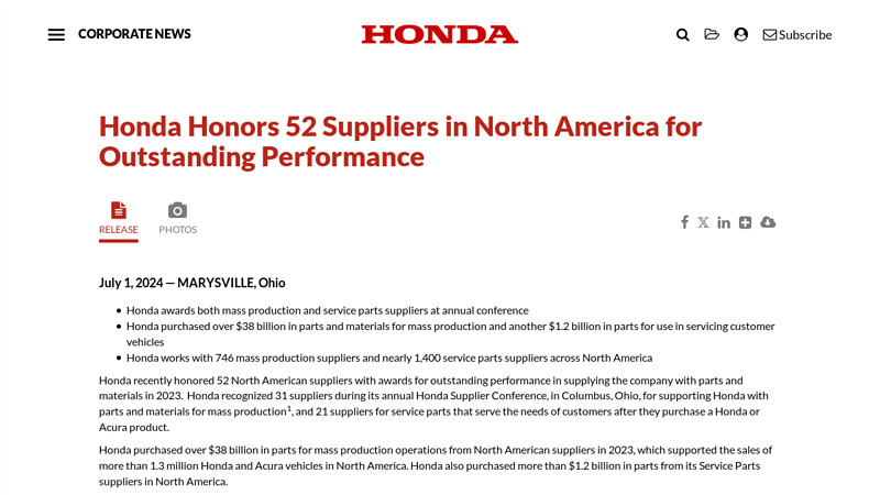 Honda Honors 52 Suppliers in North America for Outstanding ... honda vehicle parts
