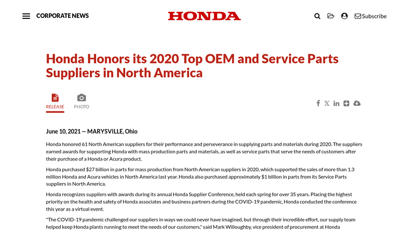 Honda Honors its 2020 Top OEM and Service Parts Suppliers in ... honda marine motor parts