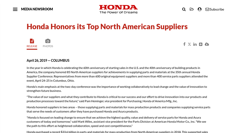 Honda Honors its Top North American Suppliers honda odyssey parts