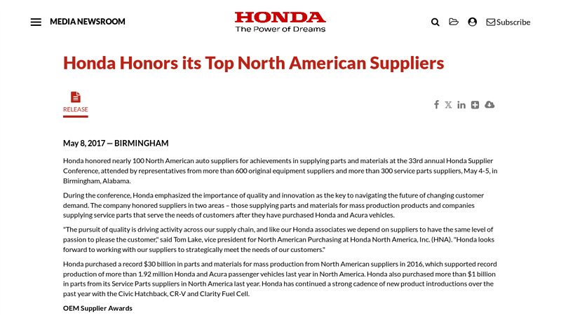 Honda Honors its Top North American Suppliers richmond auto parts