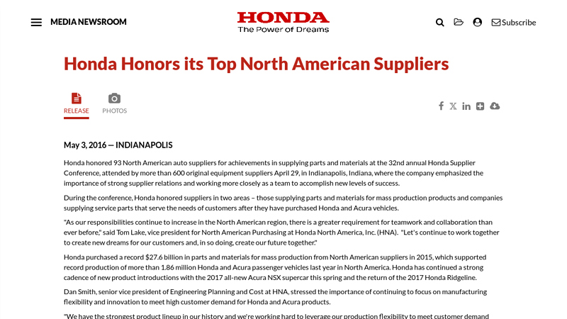 Honda Honors its Top North American Suppliers pacific honda parts