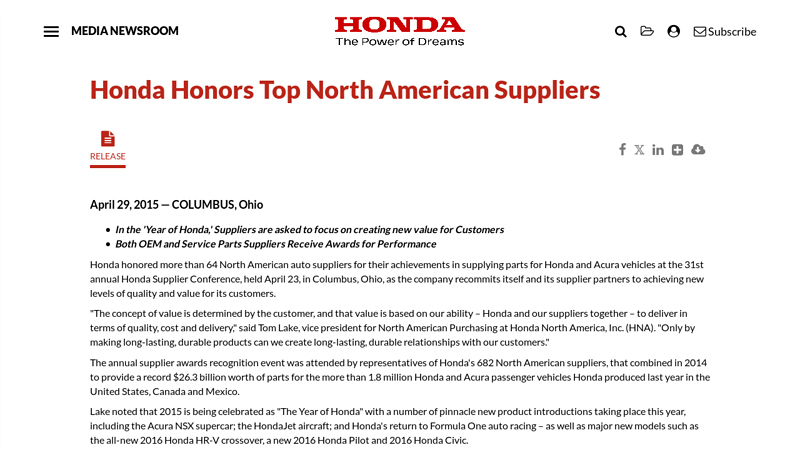 Honda Honors Top North American Suppliers auto parts winona mn