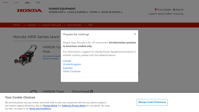 Honda HRR Series Lawn Mower Owner's Manuals honda hrr216vka parts