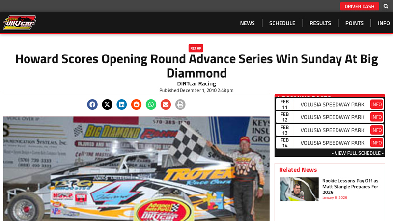 Howard Scores Opening Round Advance Series Win Sunday At Big ... advance auto parts canandaigua ny