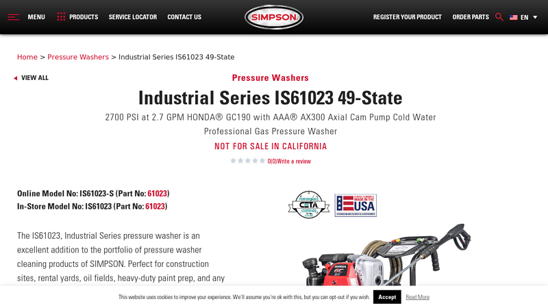 Industrial Series IS61023 49 honda gc190 power washer parts