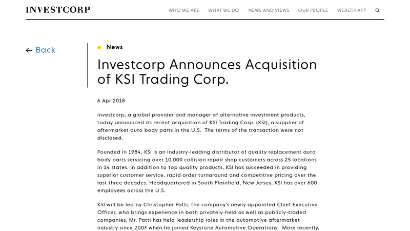 Investcorp Announces Acquisition of KSI Trading Corp. ksi auto parts