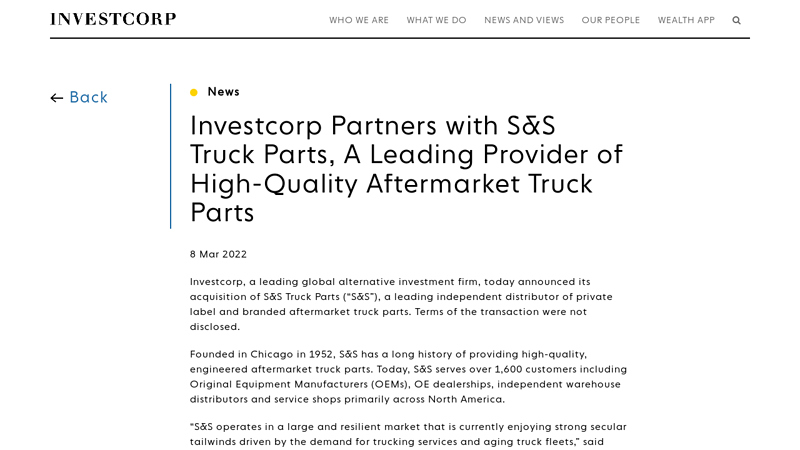 Investcorp Partners with S&S Truck Parts s & s truck parts