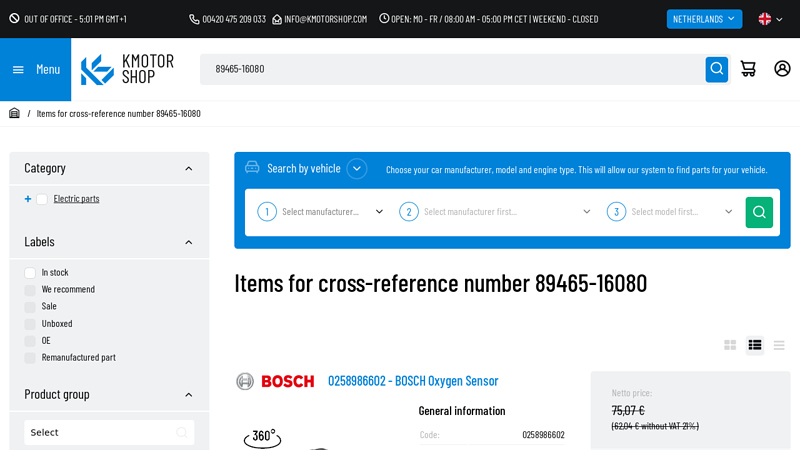 Items for cross-reference number 89465-16080 toyota parts 89465