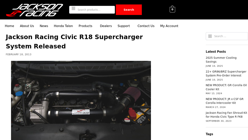 Jackson Racing Civic R18 Supercharger System Released all parts needed for supercharged 2007 honda civic ex coupe