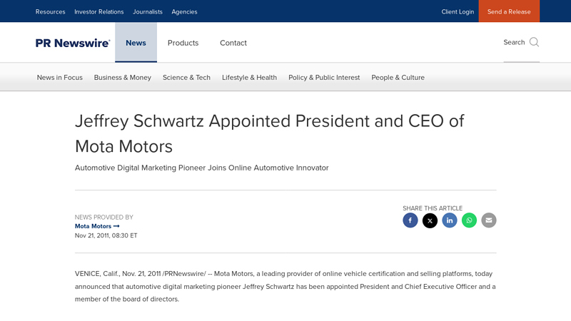 Jeffrey Schwartz Appointed President and CEO of Mota Motors schwartz auto parts
