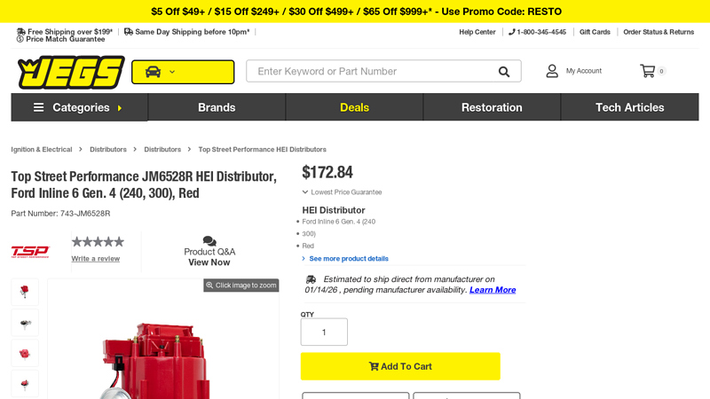 JM6528R HEI Distributor, Ford Inline 6 Gen. 4 (240, 300), Red ford 300 inline six performance parts