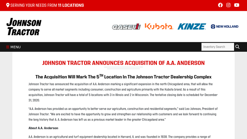 Johnson Tractor Announces Acquisition of A.A. Anderson anderson tractor parts