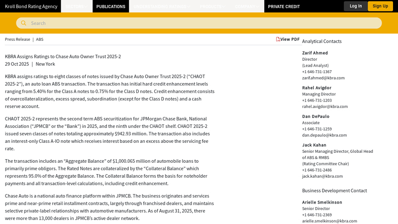 KBRA Assigns Ratings to Chase Auto Owner Trust 2025 chase auto parts