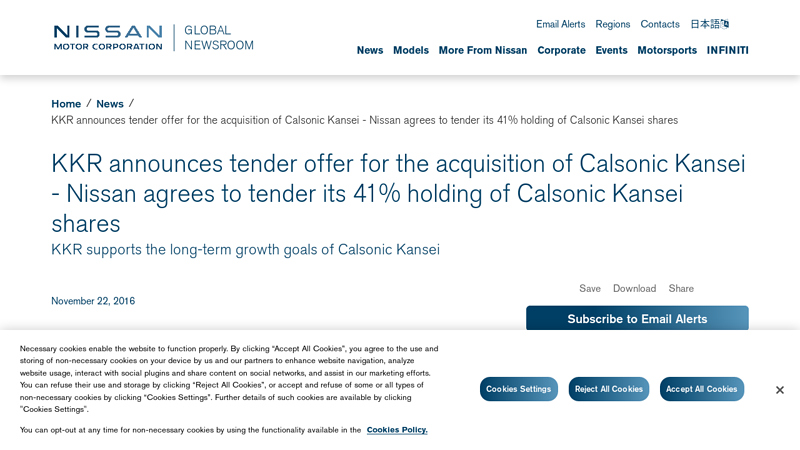 KKR announces tender offer for the acquisition of Calsonic Kansei ck auto parts