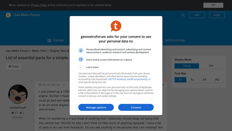 List of essential parts for a simple engine refresh geo metro car parts