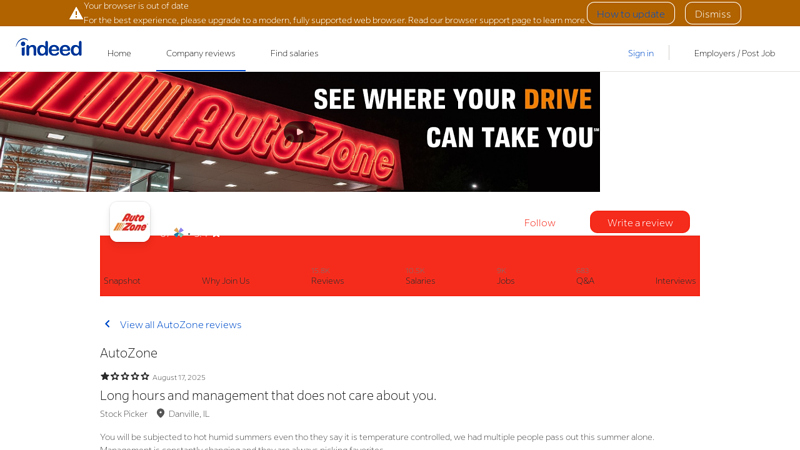 Long hours and management that does not care about you. autozone auto parts phoenix az