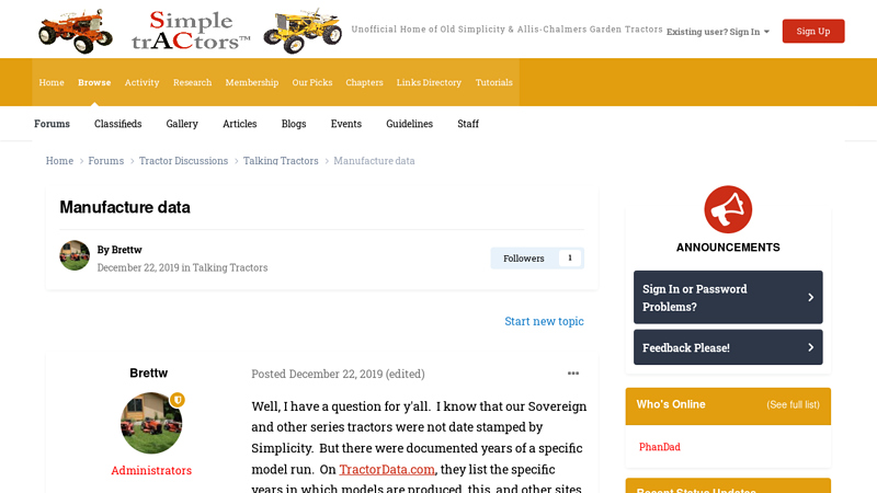 Manufacture data old simplicity tractor parts