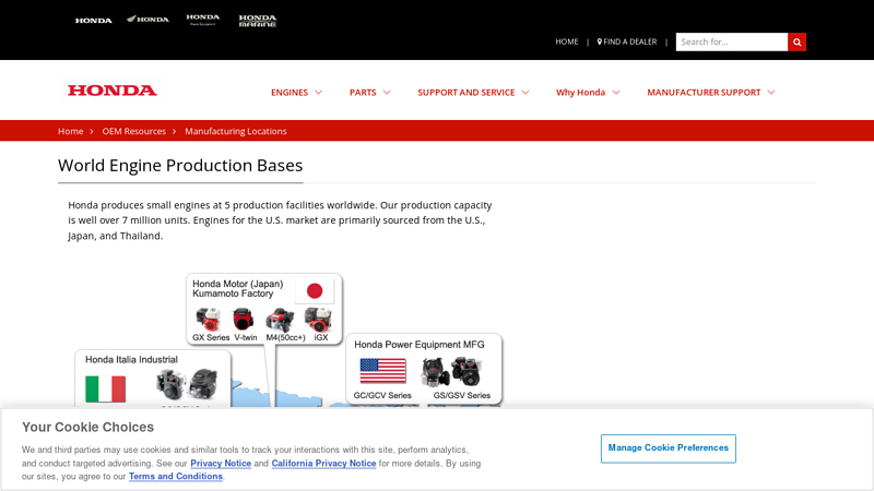Manufacturing Locations honda small motor parts