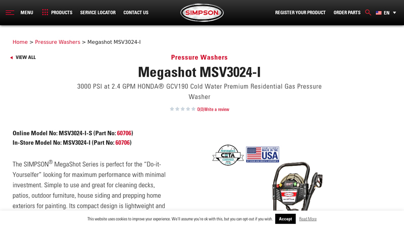 MegaShot MSV3024-I honda power washer gcv190 parts