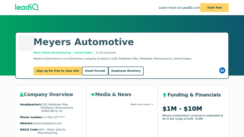 Meyers Automotive Company Overview, Contact Details ... advance auto parts pottstown pennsylvania