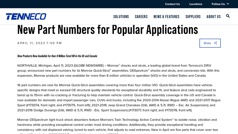 Monroe® Expands Product Lines in April with 25 New Part Numbers ... monroe car parts