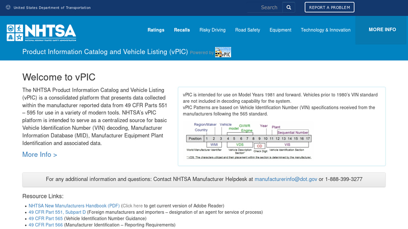 NHTSA Product Information Catalog and Vehicle Listing car part number search