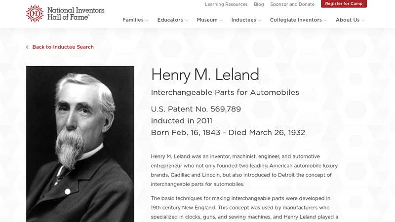 NIHF Inductee Henry M. Leland Invented Interchangeable Car Parts henry auto parts