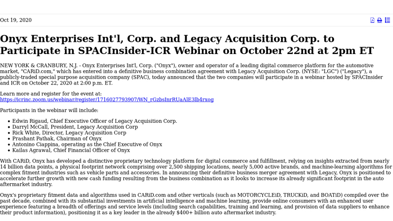 Onyx Enterprises Int'l, Corp. and Legacy Acquisition Corp. to ... carid auto parts