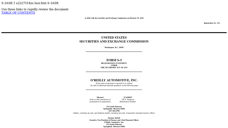 O'Reilly Automotive, Inc. Debt Securities oreillys auto parts headquarters