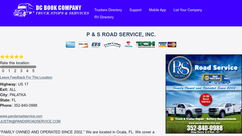 P & S Road Service, Inc. p & p tires truck services -sale of parts