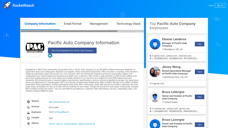 Pacific Auto Company Information pac auto parts