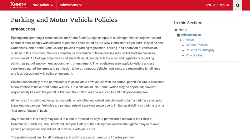 Parking and Motor Vehicle Policies advance auto parts keene new hampshire